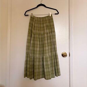 Green Plaid Tiered Midi Skirt